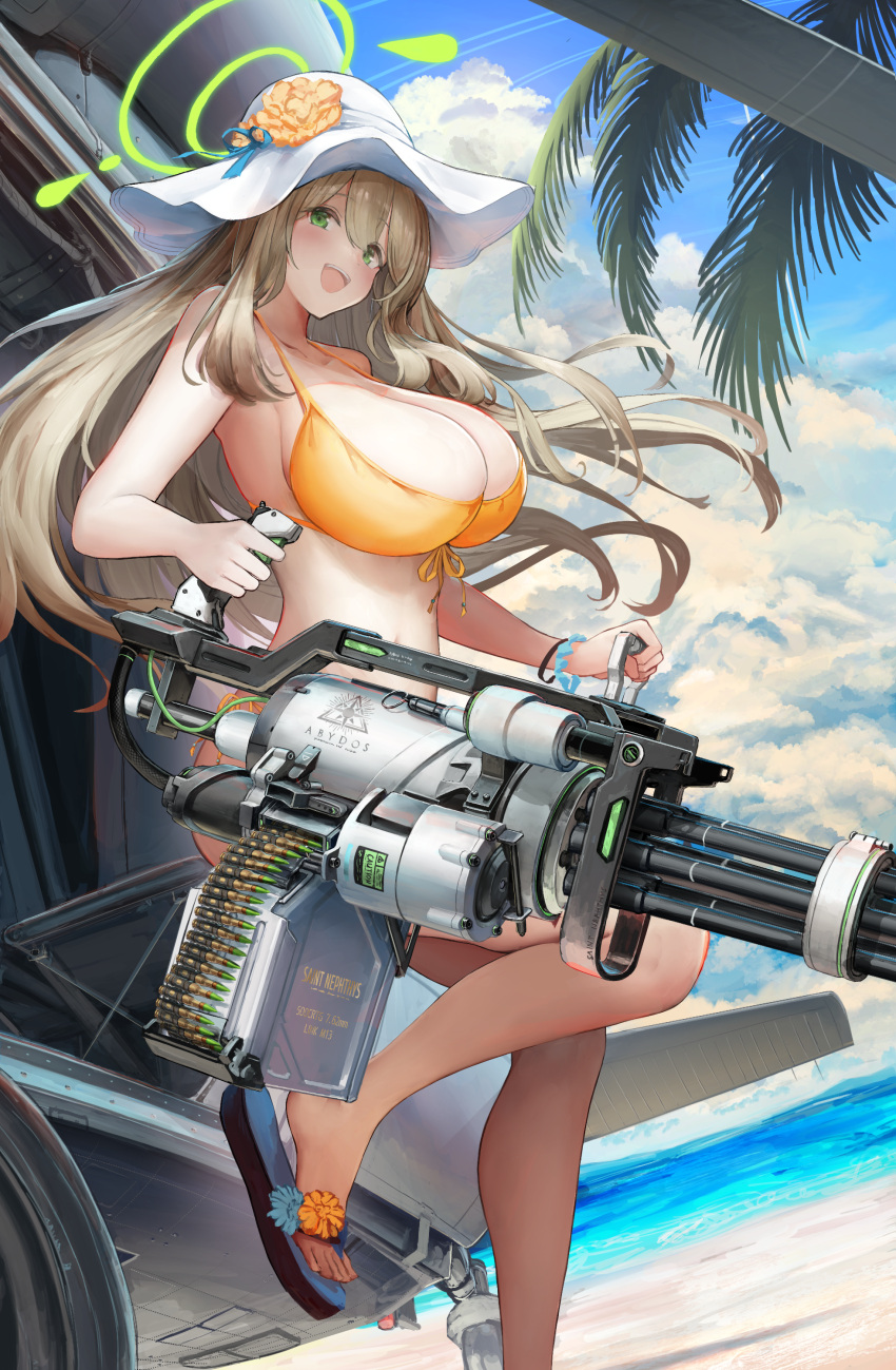 absurdres beach bikini blue_archive blue_sky breasts cleavage cloud dutch_angle gatling_gun green_halo halo hat highres huge_breasts light_brown_hair m134_minigun nihoshi_(bipedal_s) nonomi_(blue_archive) orange_bikini palm_tree sandals scrunchie sky sun_hat swimsuit tree water white_hat wrist_scrunchie