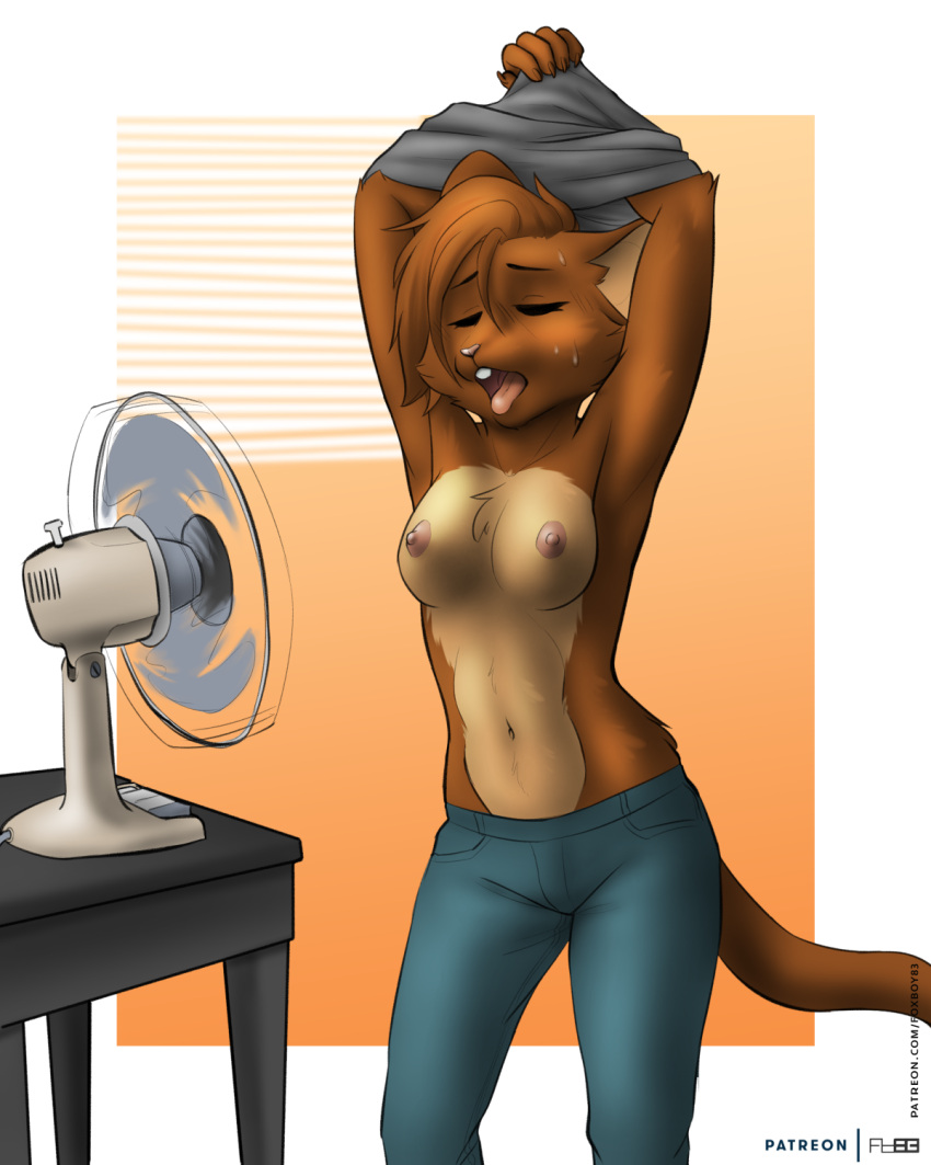 4:5 anthro bare_breasts bodily_fluids breasts breath brown_body brown_fur brown_hair cheek_tuft chest_tuft clothed clothing colored digital_media_(artwork) electric_fan eyes_closed facial_tuft female foxboy83 fur hair heat_(temperature) hi_res mammal mouse multicolored_body multicolored_fur murid murine navel open_mouth panting partially_clothed portrait rodent shaded short_hair simple_background solo standing sweat tail teeth three-quarter_portrait tongue tongue_out topless tuft two_tone_body two_tone_fur undressing