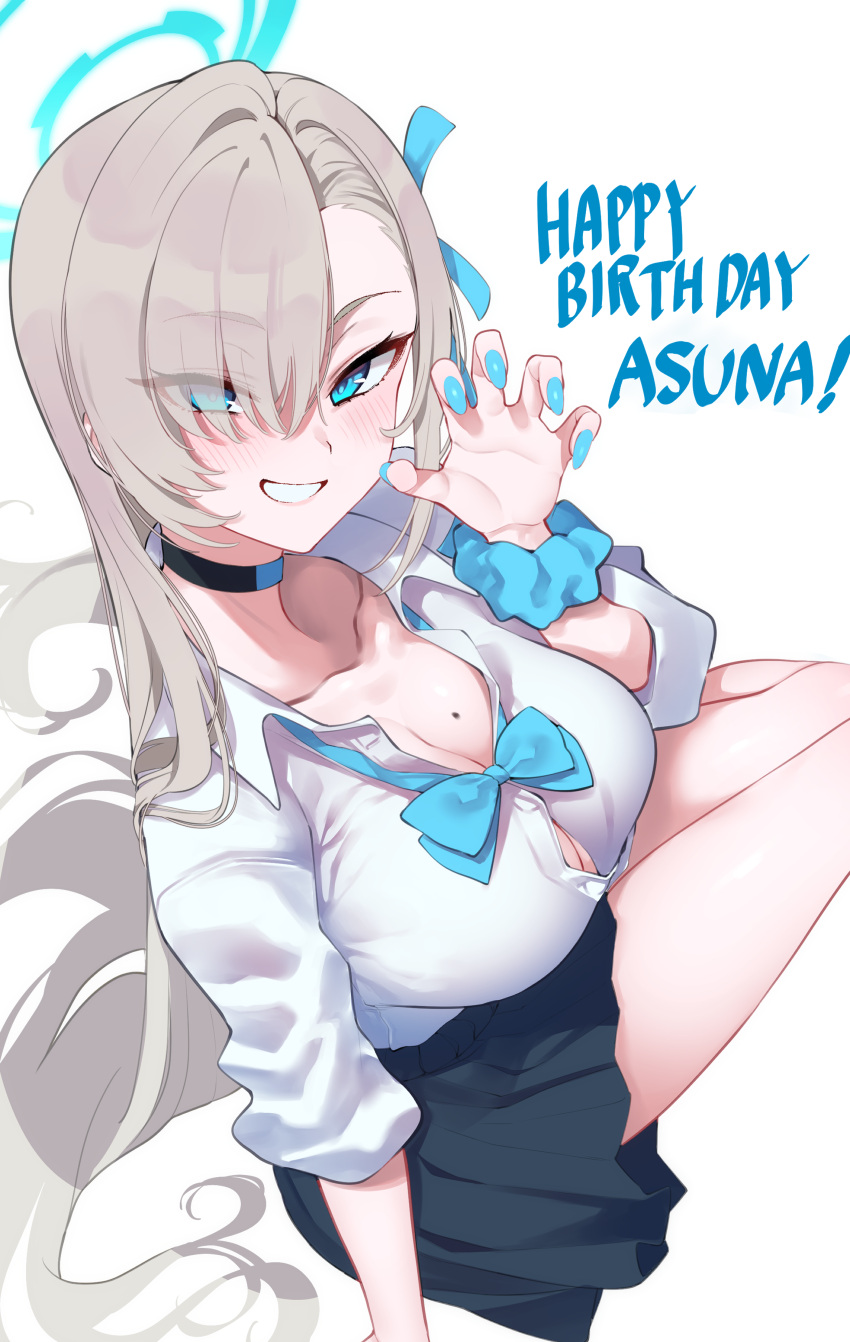 1girl absurdres asuna_(blue_archive) black_choker black_skirt blue_archive blue_bow blue_bowtie blue_eyes blue_halo blue_nails blue_scrunchie blush bow bowtie breasts choker cleavage collared_shirt fingernails grin hair_over_one_eye halo happy_birthday highres large_breasts light_brown_hair long_hair looking_at_viewer mole mole_on_breast nail_polish pleated_skirt scrunchie shirt simple_background skirt smile solo sutora_binsuke white_background white_shirt wrist_scrunchie
