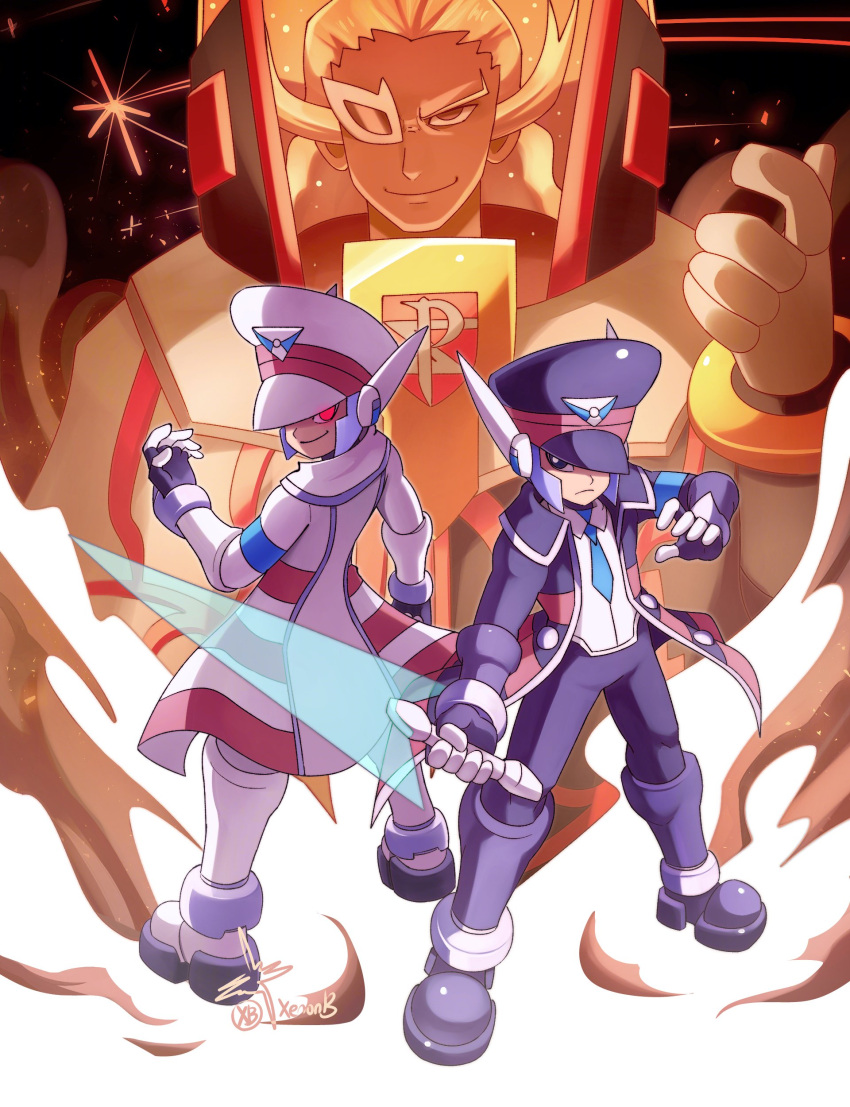 absurdres artist_name black_coat black_footwear black_hat blue_hair blue_necktie coat cosplay dr._weil_(mega_man) dr._weil_(mega_man)_(cosplay) energy_sword ghetsis_(pokemon) glowing glowing_eyes highres holding holding_sword holding_weapon long_hair mega_man_(series) mega_man_zero_(series) necktie one_eye_covered pokemon pokemon_bw red_eyes robot_ears short_hair signature sword weapon white_coat white_footwear white_hair white_hat xenon_(xenonb) z_saber zoom_layer