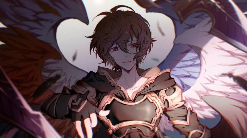 1boy ahoge armor blue_wings breastplate brown_hair brown_wings commentary commentary_request empty_eyes falling_feathers feathered_wings feathers fingerless_gloves gloves gradient_background granblue_fantasy hair_between_eyes hood hood_down messy_hair pollity red_wings sad_smile sandalphon_(granblue_fantasy) short_hair smile solo_focus tearing_up upper_body white_wings wings