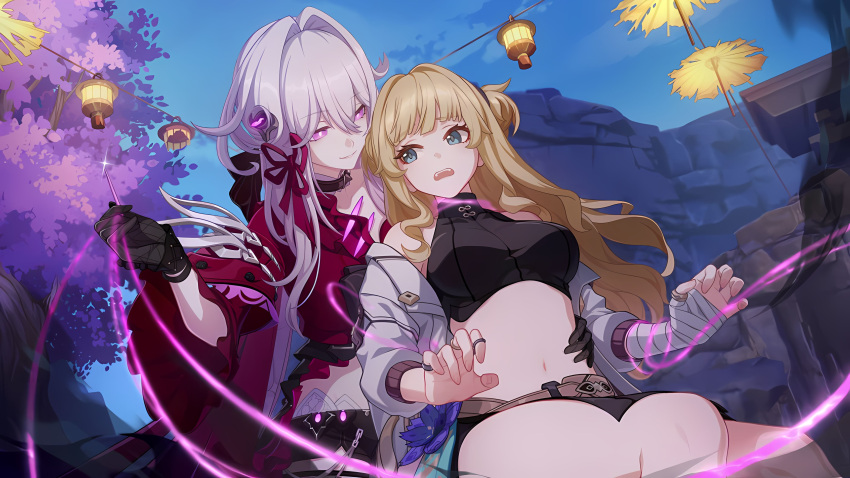 2girls absurdres arm_across_waist bandaged_arm bandages bare_shoulders belt black_gloves blonde_hair blue_eyes blue_sky breasts collar crop_top game_screenshot gloves grey_hair hair_intakes hand_on_another's_waist highres honkai_(series) honkai_impact_3rd jacket jewelry lantern large_breasts long_hair looking_at_another medium_breasts midriff multiple_girls multiple_rings navel needle off_shoulder official_art open_clothes open_jacket open_mouth outdoors parted_lips pink_eyes ring second-party_source sitting sky smile songque_(honkai_impact) stomach string thelema_(honkai_impact) tree white_hair white_jacket