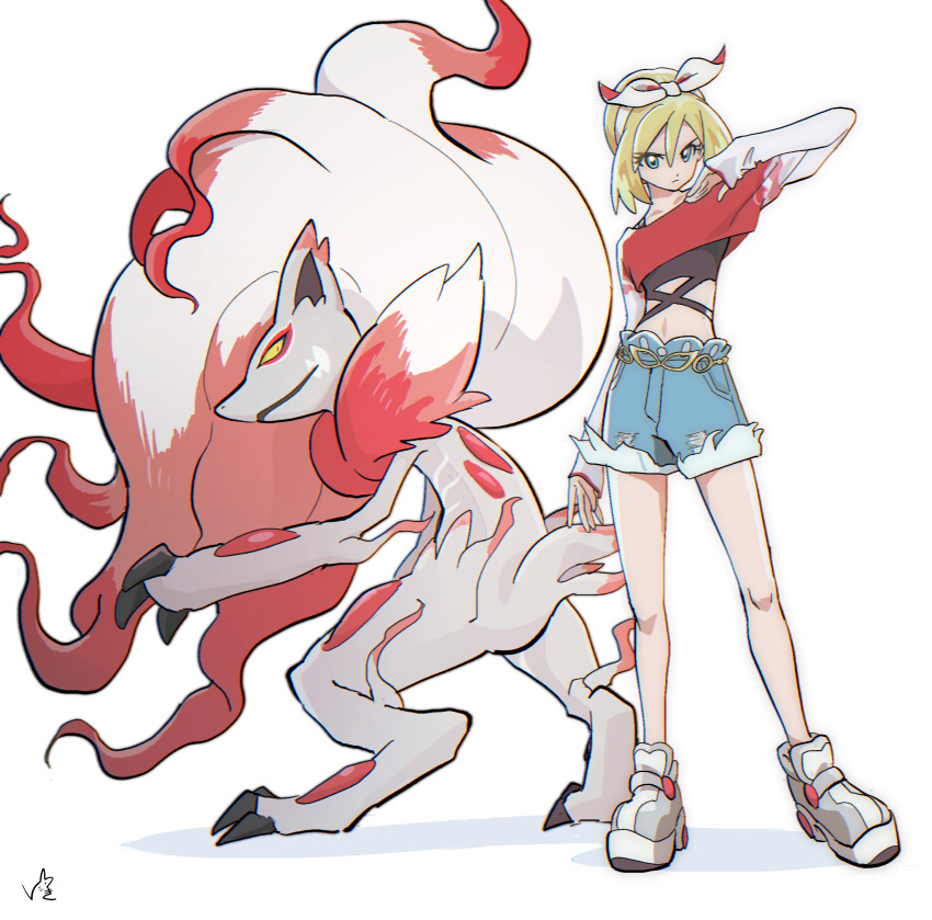 1girl animal_ears blonde_hair blue_eyes claws colored_sclera denim denim_shorts fox_ears grey_footwear highres hisuian_zoroark irida_(pokemon) irida_(special_costume)_(pokemon) long_sleeves looking_at_viewer midriff navel official_alternate_costume pokemon pokemon_(creature) pokemon_masters_ex shorts simple_background standing tank_top white_background yellow_sclera yukishima