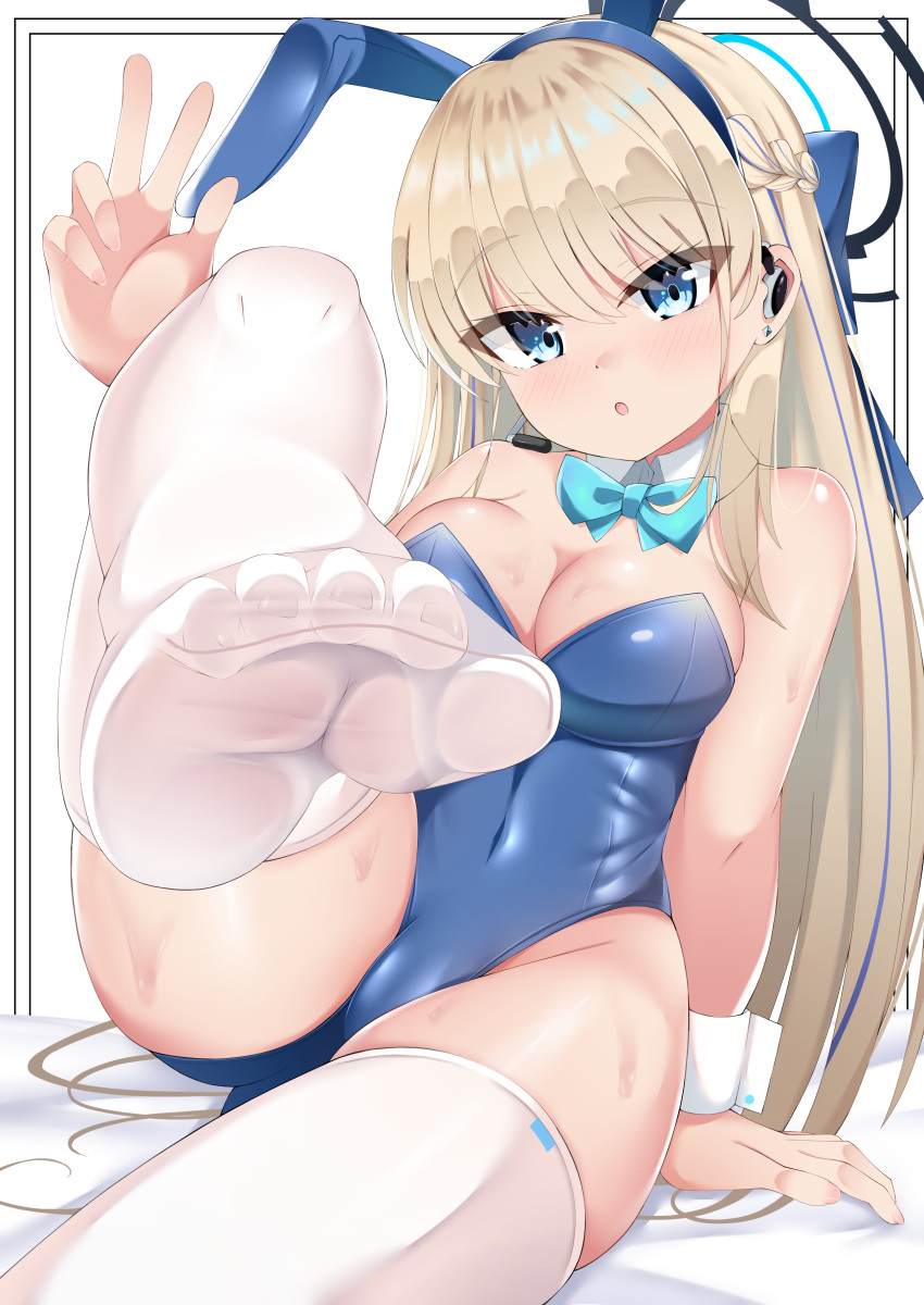 1girl absurdres animal_ears aqua_bow aqua_bowtie arm_support bare_shoulders bed_sheet blonde_hair blue_archive blue_eyes blue_hair blue_leotard bow bowtie braid breasts cleavage covered_nipples detached_collar earrings eyelashes fake_animal_ears feet foot_focus foot_up foreshortening hair_between_eyes hand_up headset highres jewelry knee_up large_breasts leotard long_hair monkey_kusai multicolored_hair no_shoes on_bed playboy_bunny rabbit_ears sidelocks skindentation soles solo strapless strapless_leotard streaked_hair stud_earrings sweatdrop thighhighs thighs toes toki_(blue_archive) toki_(bunny)_(blue_archive) very_long_hair white_thighhighs wrist_cuffs