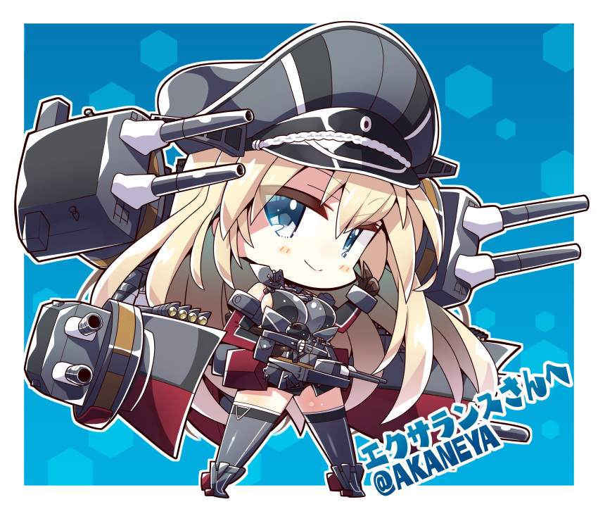 1girl absurdres akaneya bismarck_(kancolle) black_hat blonde_hair blue_background blue_eyes breasts brown_gloves chibi elbow_gloves full_body gloves hair_between_eyes hat highres holding kantai_collection large_breasts long_hair looking_at_viewer military military_hat military_uniform peaked_cap rigging second-party_source smile solo thighhighs turret twitter_username uniform very_long_hair