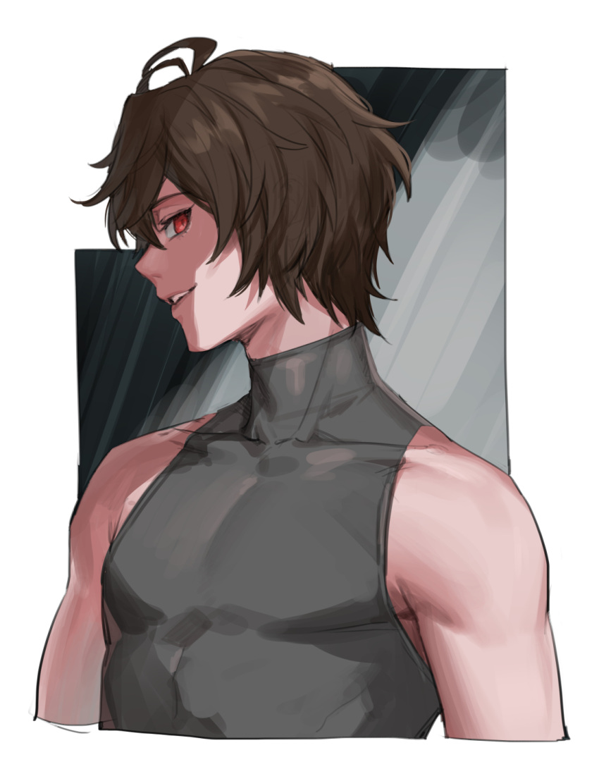 ahoge bare_shoulders brown_hair commentary commentary_request empty_eyes evil_smile from_side granblue_fantasy grey_background grey_shirt hair_between_eyes highres looking_at_viewer messy_hair multicolored_background parted_lips portrait red_eyes sandalphon_(granblue_fantasy) shirt short_hair sleeveless sleeveless_turtleneck smile tki turtleneck white_background