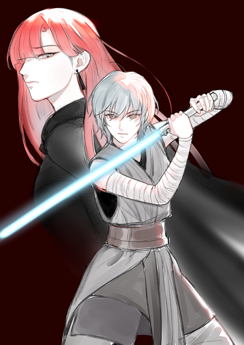 2girls absurdres arm_wrap belt black_cape blue_hair brown_eyes cape closed_mouth commentary earrings energy_sword english_commentary grey_eyes grey_pants grey_robe highres holding_lightsaber jewelry lightsaber long_hair looking_at_viewer maybecrosswise multiple_girls original pants red_background red_hair robe simple_background star_wars sword weapon wrist_wrap