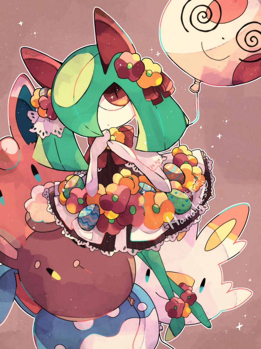 artist_name azumarill balloon black_dress buneary character_balloon clothed_pokemon colored_skin dress easter_egg egg flareon flower green_hair hair_flower hair_ornament hanabusaoekaki highres holding holding_balloon kirlia pokemon pokemon_(creature) red_eyes scorbunny spinda standing white_skin