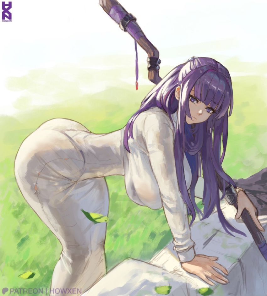 1girl ass bent_over breasts closed_mouth commentary dress falling_leaves fern_(sousou_no_frieren) hair_intakes highres holding holding_staff howxen large_breasts leaf long_hair looking_at_viewer on_grass outdoors patreon_username pencil_dress purple_eyes purple_hair solo sousou_no_frieren staff standing white_dress