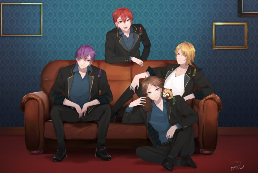 4boys :d aho_no_sakata animal_on_shoulder black_footwear black_jacket black_pants blonde_hair blue_shirt brown_hair carpet closed_mouth collared_shirt couch cuff_links earrings empty_picture_frame feather_earrings feathers green_eyes hair_behind_ear hair_between_eyes hair_over_one_eye hand_on_own_hip hand_up hassan_(sink916) head_tilt indoors jacket jewelry knee_up lapel_pin lapels leaning_forward leaning_on_object loafers long_sleeves looking_at_viewer male_focus mole mole_under_eye multiple_boys notched_lapels official_art on_couch on_floor open_clothes open_collar open_jacket own_hands_together pants parted_bangs parted_lips peacock_feathers picture_frame plaid purple_eyes purple_hair raccoon red_eyes red_hair senra_(utaite) shima_(utaite) shirt shoes short_hair signature single_earring single_sidelock sitting sleeves_rolled_up smile spread_legs standing swept_bangs t-shirt urashimasakatasen uratanuki utaite v-neck v_arms wallpaper_(object) white_shirt yamadanuki yellow_eyes