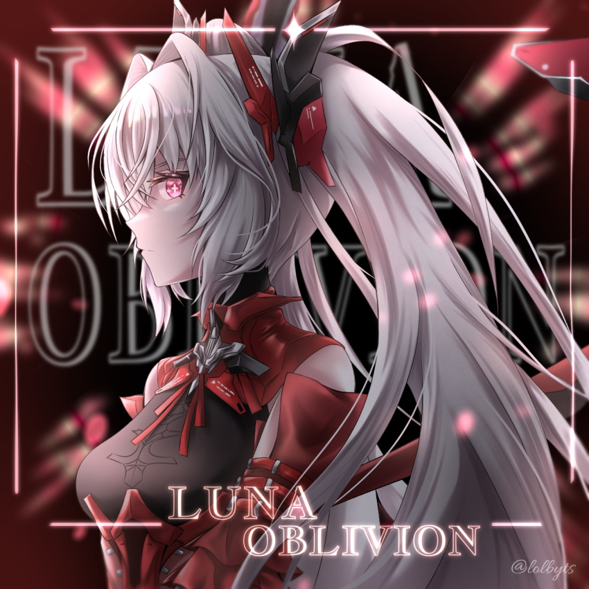1girl artist_name black_bodysuit bodysuit character_name cross-shaped_pupils detached_sleeves from_side grey_hair hair_between_eyes hair_intakes headgear high_collar highres lolbyts long_hair luna:_oblivion_(punishing:_gray_raven) luna_(punishing:_gray_raven) punishing:_gray_raven red_eyes short_sleeves sidelocks solo symbol-shaped_pupils twintails