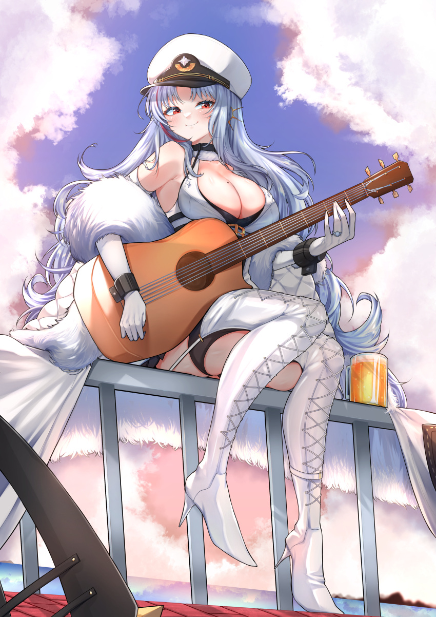 1girl absurdres alcohol azur_lane bare_shoulders beer beer_mug blush boots breasts chain cleavage cloud coat cross-laced_footwear cup dress elbow_gloves evening full_body fur_coat gloves guitar hat highres holding holding_guitar holding_instrument instrument jewelry kghazir large_breasts long_hair looking_at_viewer mug music off_shoulder on_railing open_clothes open_coat outdoors peaked_cap playing_guitar playing_instrument railing red_eyes ring sitting smile solo tallinn_(azur_lane) thigh_boots thighhighs wedding_ring white_dress white_footwear white_gloves white_hair white_hat wrist_cuffs