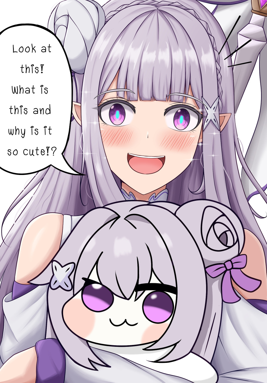 1girl absurdres bare_shoulders blush braid chibi crossover crown_braid doro_(nikke) elf emilia_(re:zero) english_text flower goddess_of_victory:_nikke grey_hair hair_flower hair_ornament hair_ribbon highres long_hair looking_at_viewer mage_staff pointy_ears purple_eyes purple_ribbon rabbitttt re:zero_kara_hajimeru_isekai_seikatsu ribbon rose smile sparkling_eyes white_flower white_hair white_rose x_hair_ornament