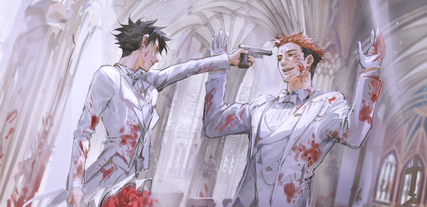 2boys absurdres arms_up black_hair blood blood_on_clothes blood_on_face bouquet bow bowtie commentary_request extra_eyes facial_tattoo flower formal fushiguro_megumi gloves green_eyes gun highres holding holding_bouquet holding_gun holding_weapon indoors jacket jujutsu_kaisen long_sleeves looking_at_another male_focus multiple_boys pants pink_hair red_eyes red_flower red_rose rose ryoumen_sukuna_(jujutsu_kaisen) shirt short_hair smile spiked_hair suit tattoo undercut vest weapon wedding white_bow white_bowtie white_gloves white_jacket white_pants white_shirt white_suit white_vest woshihedawei yaoi