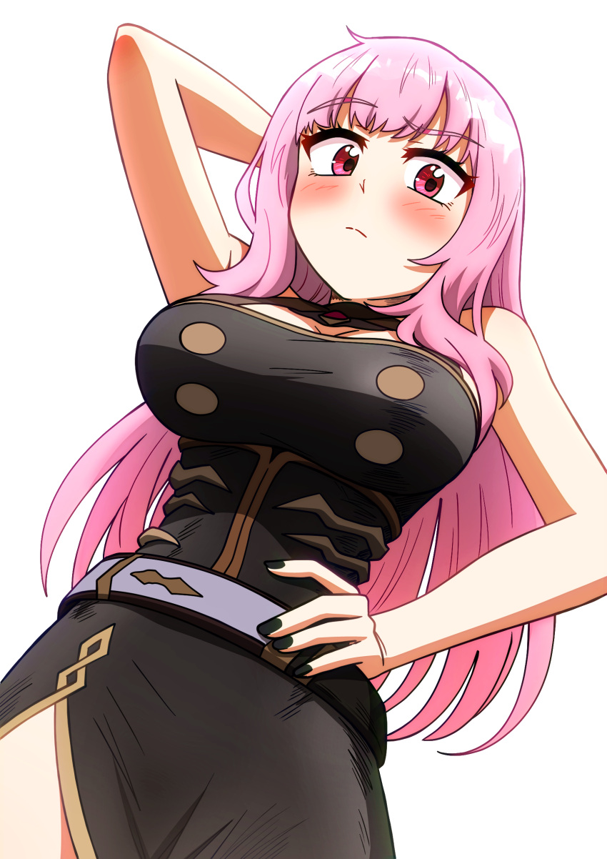 1girl absurdres arm_behind_head arm_up black_nails blush breasts cleavage closed_mouth commentary ddolbang english_commentary hand_on_own_hip highres hololive hololive_english large_breasts long_hair mori_calliope mori_calliope_(1st_costume) pink_eyes pink_hair solo virtual_youtuber
