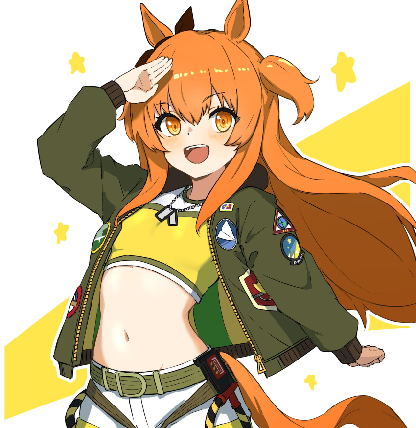 1girl absurdres animal_ears belt bigkwl bomber_jacket bow breasts brown_ribbon dog_tags ear_bow eyebrows_hidden_by_hair green_belt green_jacket hair_between_eyes hand_on_own_head highres horse_ears horse_girl horse_tail jacket long_hair long_sleeves looking_at_viewer mayano_top_gun_(umamusume) navel open_mouth orange_eyes orange_hair orange_tail ribbon shirt shorts simple_background smile solo tail two_side_up umamusume