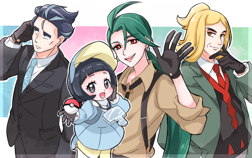 2boys 2girls :d absurdres ahoge black_gloves black_hair black_jacket black_pants black_vest blonde_hair bright_pupils collared_shirt commentary_request dress earrings gloves green_hair green_jacket hair_between_eyes hand_up hassel_(pokemon) highres holding holding_poke_ball jacket jewelry larry_(pokemon) long_hair momo02634 multiple_boys multiple_girls necktie open_clothes open_jacket open_mouth pants pantyhose parted_bangs poke_ball poke_ball_(basic) pokemon pokemon_sv poppy_(pokemon) red_eyes red_necktie rika_(pokemon) shirt shoes short_hair smile teeth upper_teeth_only vest white_pupils white_shirt yellow_pantyhose