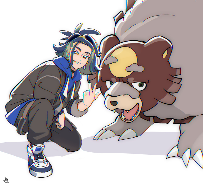 1boy adaman_(pokemon) adaman_(special_costume)_(pokemon) animal_ears bear_ears black_choker blue_hair blue_hoodie brown_eyes choker claws eyebrow_cut fangs green_hair highres hood hoodie jacket looking_at_viewer male_focus multicolored_hair official_alternate_costume on_one_knee open_clothes open_jacket open_mouth pokemon pokemon_(creature) pokemon_masters_ex simple_background two-tone_hair ursaluna w white_background white_footwear yukishima