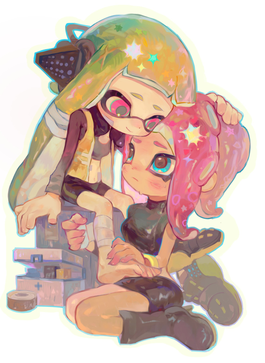 2girls agent_3_(splatoon) agent_8_(splatoon) applying_bandages bandages bandaid bandaid_on_cheek bandaid_on_face bandaid_on_stomach bike_shorts black_bra black_footwear black_headphones black_shirt black_shorts black_skirt blonde_hair blue_eyes blue_outline blunt_bangs boots bra bracelet breasts chinese_commentary closed_mouth crop_top dot_nose esa_(no_chirasu1) first_aid first_aid_kit full_body green_hair headpat headphones high-visibility_vest highres holding_another's_foot inkling inkling_girl inkling_player_character jewelry long_hair looking_at_another midriff multicolored_hair multiple_girls navel octoling octoling_girl octoling_player_character open_clothes open_vest outline pink_eyes red_hair shirt shoes shorts single_barefoot single_shoe sitting skirt smile splatoon_(series) splatoon_2 splatoon_2:_octo_expansion suction_cups tentacle_hair twintails two-tone_hair underwear unworn_shoes vest wariza white_background zipper