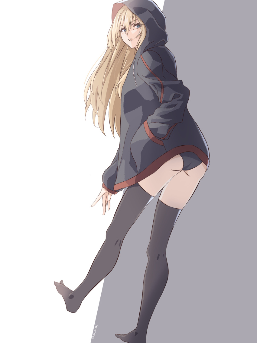 1girl absurdres alternate_costume ass atodashi bismarck_(kancolle) black_hoodie black_panties black_thighhighs blonde_hair blue_eyes hand_in_pocket highres hood hood_up hoodie kantai_collection long_hair long_sleeves looking_at_viewer looking_back panties solo thighhighs underwear very_long_hair