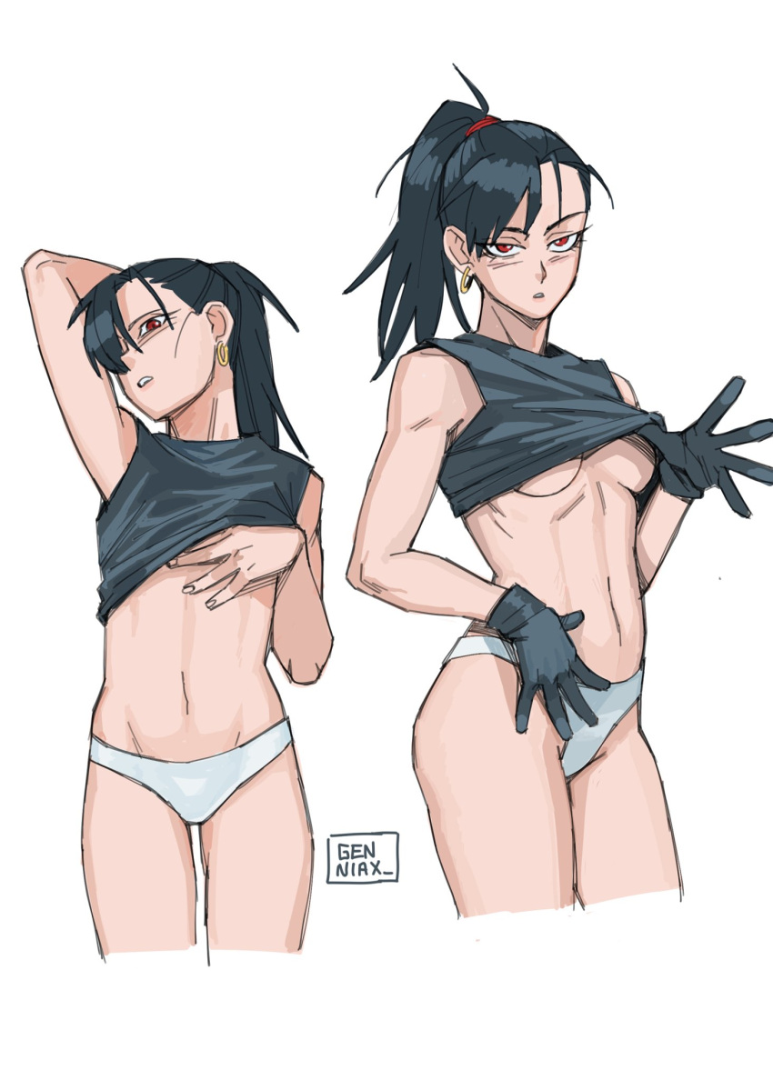 1girl black_hair blush breasts dragon_ball dragon_ball_super dragon_ball_super_super_hero gamma_1 genderswap genderswap_(mtf) gloves highres jenxd_d looking_at_viewer panties ponytail red_eyes solo underboob underwear white_panties