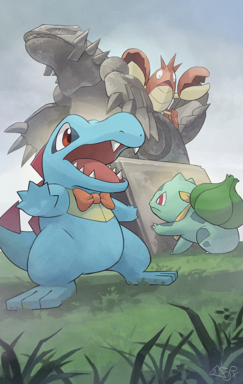 blue_skin bow bowtie bulbasaur claws colored_skin commentary_request corphish crocodilian green_skin groudon hakkentai_pokedan highres neckerchief on_grass orange_bow orange_bowtie outdoors pokemon pokemon_(creature) pokemon_mystery_dungeon pokemon_mystery_dungeon:_explorers_of_time/darkness/sky red_eyes sharp_teeth standing statue tail teeth totodile yellow_neckerchief