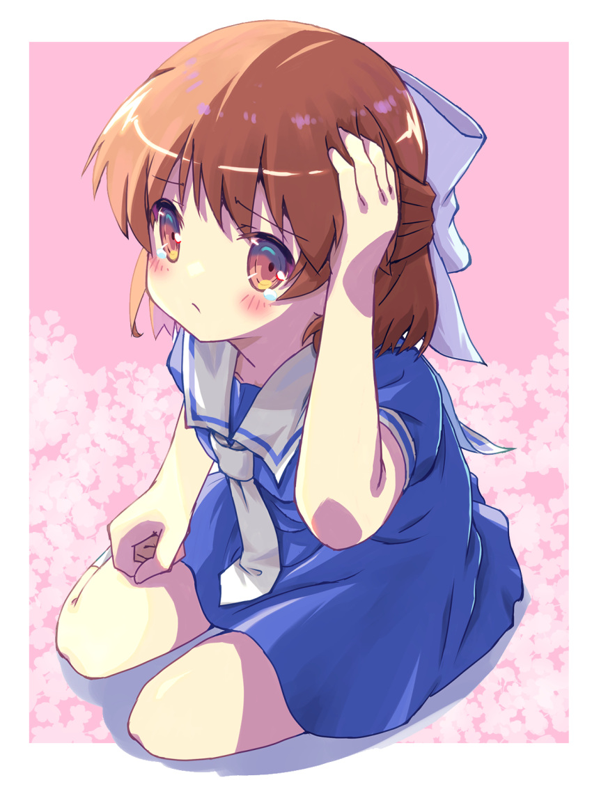 1girl akayama_yukihe blue_dress blush border bow brown_eyes brown_hair child clannad closed_mouth commentary_request dress from_above frown full_body hair_between_eyes hair_bow half_updo hand_on_own_head highres kindergarten_uniform long_hair looking_at_viewer medium_hair necktie okazaki_ushio pink_background sailor_collar sailor_dress short_sleeves sidelighting simple_background sitting solo tareme white_border white_bow white_necktie white_sailor_collar