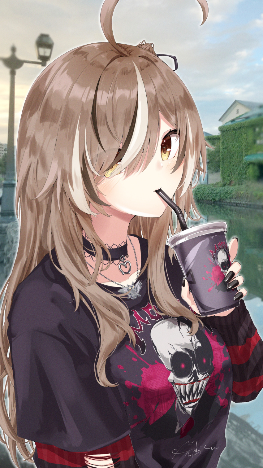 1girl absurdres ahoge black_choker black_hair black_sweater blush breasts brown_eyes brown_hair choker cup drinking_straw emo_fashion hair_ribbon heart heart_choker highres hololive hololive_english huge_ahoge lace-trimmed_choker lace_trim long_hair looking_at_viewer multicolored_hair nanashi_mumei nanashi_mumei_(emo) nightmare_(nanashi_mumei) official_alternate_costume ponytail red_sweater ribbon shirt side_ponytail signature solo streaked_hair striped_clothes striped_sweater sweater sweater_partially_tucked_in sweater_under_shirt torn_clothes torn_sweater two-tone_sweater u_da_desu very_long_hair virtual_youtuber white_hair