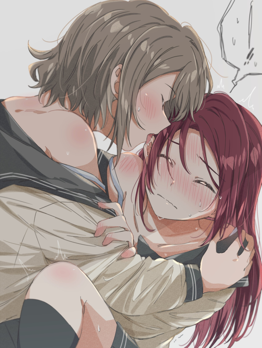 ! !! 2girls absurdres bare_shoulders black_socks blush closed_eyes closed_mouth collarbone commentary_request furrowed_brow grey_hair grey_sailor_collar hand_on_another's_shoulder highres licking licking_another's_face long_hair long_sleeves love_live! love_live!_sunshine!! multiple_girls red_hair sailor_collar sakurauchi_riko school_uniform short_hair shoulder_blush sidelocks socks sweat upper_body uranohoshi_school_uniform watanabe_you wavy_mouth white_background winter_uniform yuchi_(salmon-1000) yuri