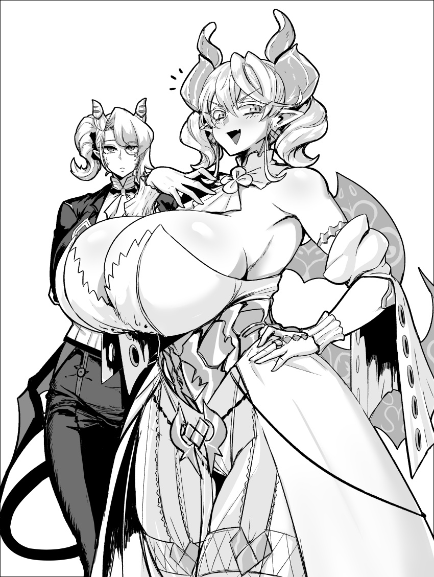 2girls absurdres arias_the_labrynth_butler breasts butler cleavage demon_girl demon_horns demon_tail demon_wings dress duel_monster exabyte_(parallax05) fang gloves highres horns huge_breasts laughing lovely_labrynth_of_the_silver_castle monochrome monocle multiple_girls pointy_ears simple_background suit tail white_background wings yu-gi-oh!