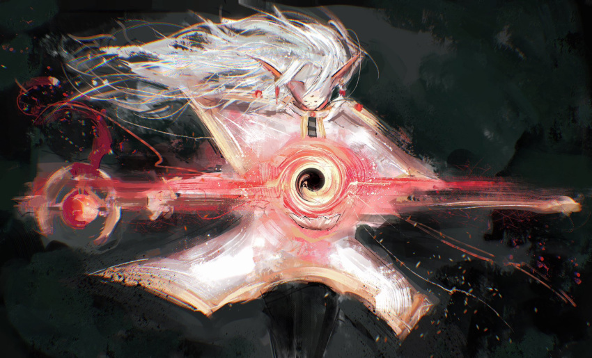 abstract black_hole coat earrings frieren highres holding holding_staff jewelry kyezzzz magic menacing no_eyes pointy_ears skirt sousou_no_frieren staff white_coat white_hair white_skirt wind