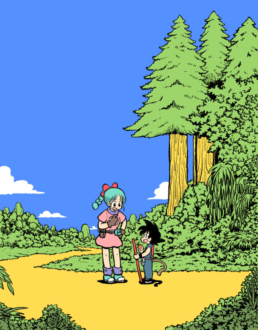 1boy 1girl aqua_footwear aqua_hair arawi_keiichi belt belt_pouch black_hair black_wristband blue_pants blue_shirt blue_sky bow braid braided_ponytail brown_gloves bulma cloud day dragon_ball dragon_ball_(object) dress flat_color gloves hair_bow highres holding holding_dragon_ball holding_staff long_hair looking_at_another monkey_tail open_mouth outdoors pants pink_dress plant pouch purple_socks red_bow shirt shoes short_dress short_hair short_sleeves sideways_mouth size_difference sky socks son_goku spiked_hair staff tail tree wide_shot