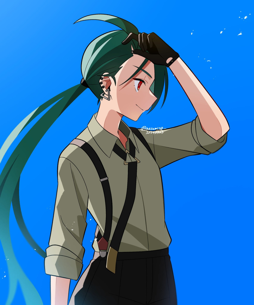 1girl black_gloves black_necktie blue_background closed_mouth collared_shirt dated earrings genjitsu_o_miro gloves green_eyes highres jewelry long_hair necktie pokemon pokemon_sv ponytail red_eyes rika_(pokemon) shirt smile solo suspenders twitter_username upper_body very_long_hair