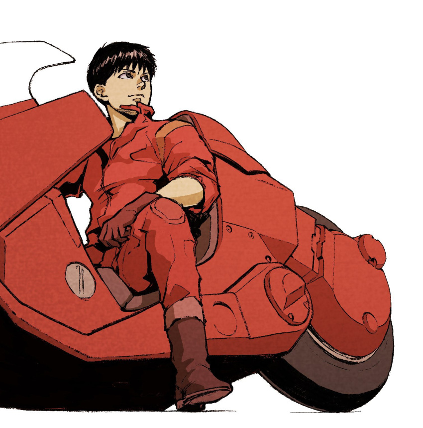 1boy akira_(manga) black_hair commentary_request gloves highres iwamoto_tatsurou jacket kaneda_shoutarou's_bike kaneda_shoutarou_(akira) looking_up male_focus motor_vehicle motorcycle pants red_jacket red_pants simple_background sitting smile solo white_background