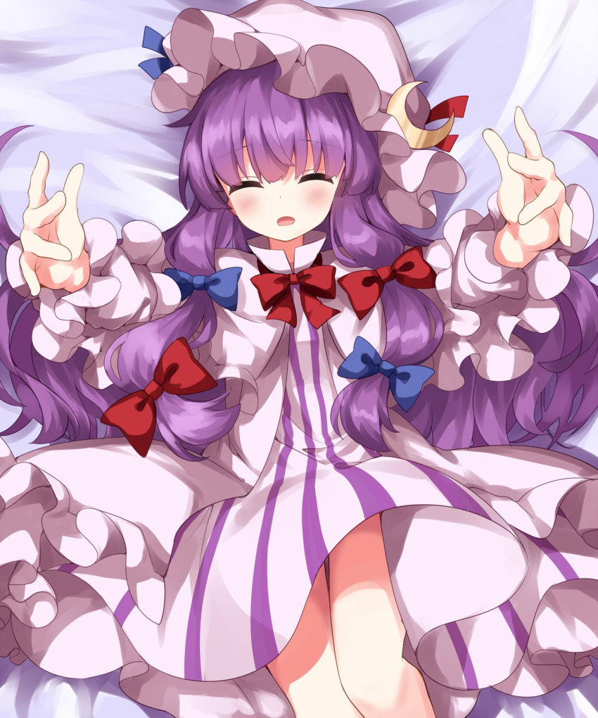 1girl bed_sheet blue_ribbon blunt_bangs blush bow bowtie capelet closed_eyes commentary_request crescent crescent_hat_ornament dress frilled_dress frills hair_bow hat hat_ornament hat_ribbon highres long_hair mob_cap open_mouth patchouli_knowledge pink_capelet pink_dress pink_hat purple_hair red_bow red_bowtie red_ribbon ribbon ruu_(tksymkw) striped_clothes striped_dress touhou vertical-striped_clothes vertical-striped_dress very_long_hair