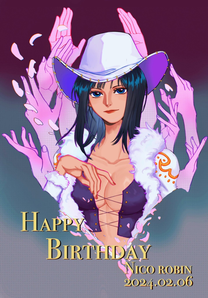 1girl 2024 black_hair blue_eyes blue_hair breasts character_name closed_mouth coat cowboy_hat cowboy_shot crop_top cross-laced_clothes cross-laced_top dated extra_arms fur-trimmed_coat fur_trim happy_birthday hat highres looking_to_the_side medium_hair nico_robin one_piece petals purple_shirt shirt solo white_coat yoki_(ricardo_blue73)