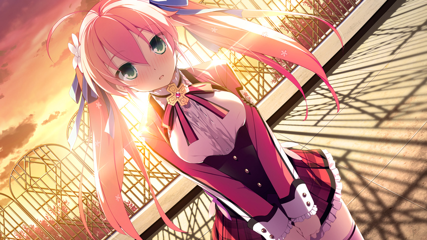 azumaya_ruruka game_cg kimi_to_boku_to_no_kishi_no_hibi_(kimikishi) long_hair pink_hair piriri! seifuku sunset twintails