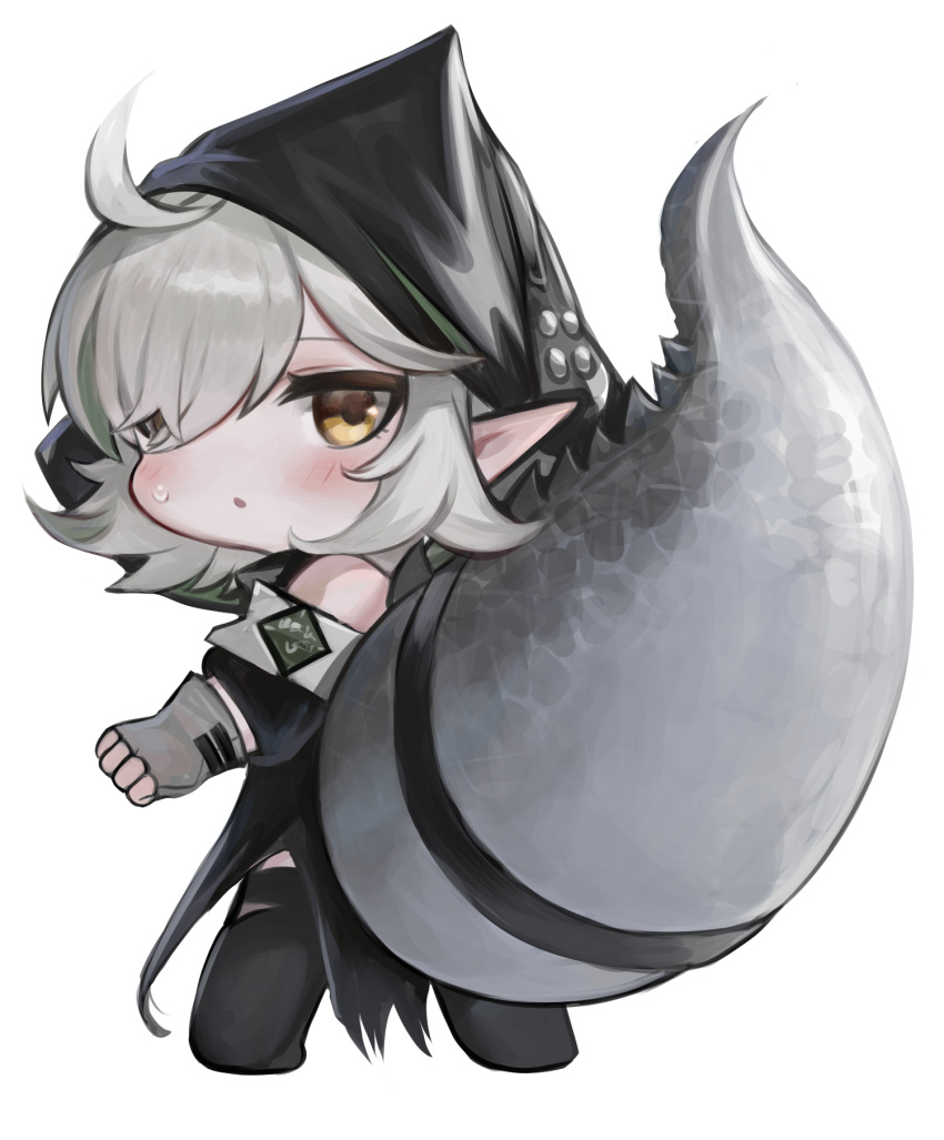 1girl :o arknights bare_shoulders black_jacket black_thighhighs brown_eyes chibi commentary_request crocodilian_tail dokomon fingerless_gloves from_behind full_body gloves grey_gloves grey_hair hair_over_one_eye highres hood hood_up jacket korean_commentary large_tail long_sleeves looking_at_viewer looking_back parted_lips pointy_ears puffy_long_sleeves puffy_sleeves simple_background solo standing tail thighhighs tomimi_(arknights) white_background