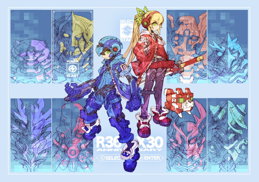 1boy 1girl alternate_costume anniversary arm_cannon armored_armadillo_(mega_man) armored_boots blonde_hair blue_footwear blue_helmet blue_jacket boomer_kuwanger_(mega_man) boots brown_hair character_name chill_penguin_(mega_man) copyright_name flame_mammoth_(mega_man) green_eyes hand_in_pocket headphones holding holding_sword holding_weapon jacket launch_octopus_(mega_man) long_hair mega_man_(character) mega_man_(classic) mega_man_(series) mega_man_x_(series) nakayama_tooru open_clothes open_jacket ponytail red_footwear red_jacket robot roll_(mega_man) rush_(mega_man) shoes short_hair sketch spark_mandrill_(mega_man) sting_chameleon_(mega_man) storm_eagle_(mega_man) sword weapon zipper