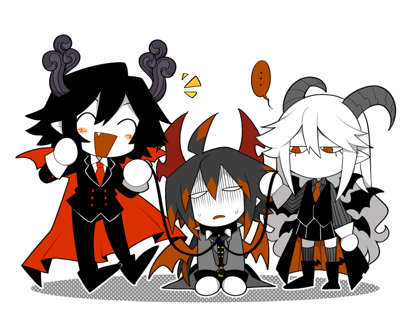 ... 1girl 2boys ^_^ ahoge black_collar black_footwear black_hair black_pants black_shirt black_skirt black_suit black_vest blank_eyes blush_stickers buttons cape chibi closed_eyes collar collared_shirt colored_skin demon demon_boy demon_girl demon_horns demon_wings expressionless fang funamusea funamusea_(style) grey_hair grey_horns grey_jacket grey_shirt haiiro_teien hair_between_eyes halftone hanamoru highres holding holding_leash horns ivlis_(funamusea) jacket jitome leash multicolored_hair multiple_boys necktie no_mouth official_style open_mouth outline pants pleated_skirt pointy_ears red_cape red_eyes red_hair red_horns red_necktie red_wings reficul_(funamusea) satanick_(funamusea) shaded_face shadow shirt sidelocks simple_background sitting skirt socks speech_bubble spiked_collar spikes streaked_hair striped_clothes striped_shirt striped_socks suit sweatdrop vertical-striped_clothes vertical-striped_shirt vertical-striped_socks vest white_background white_hair white_outline white_shirt white_skin wings
