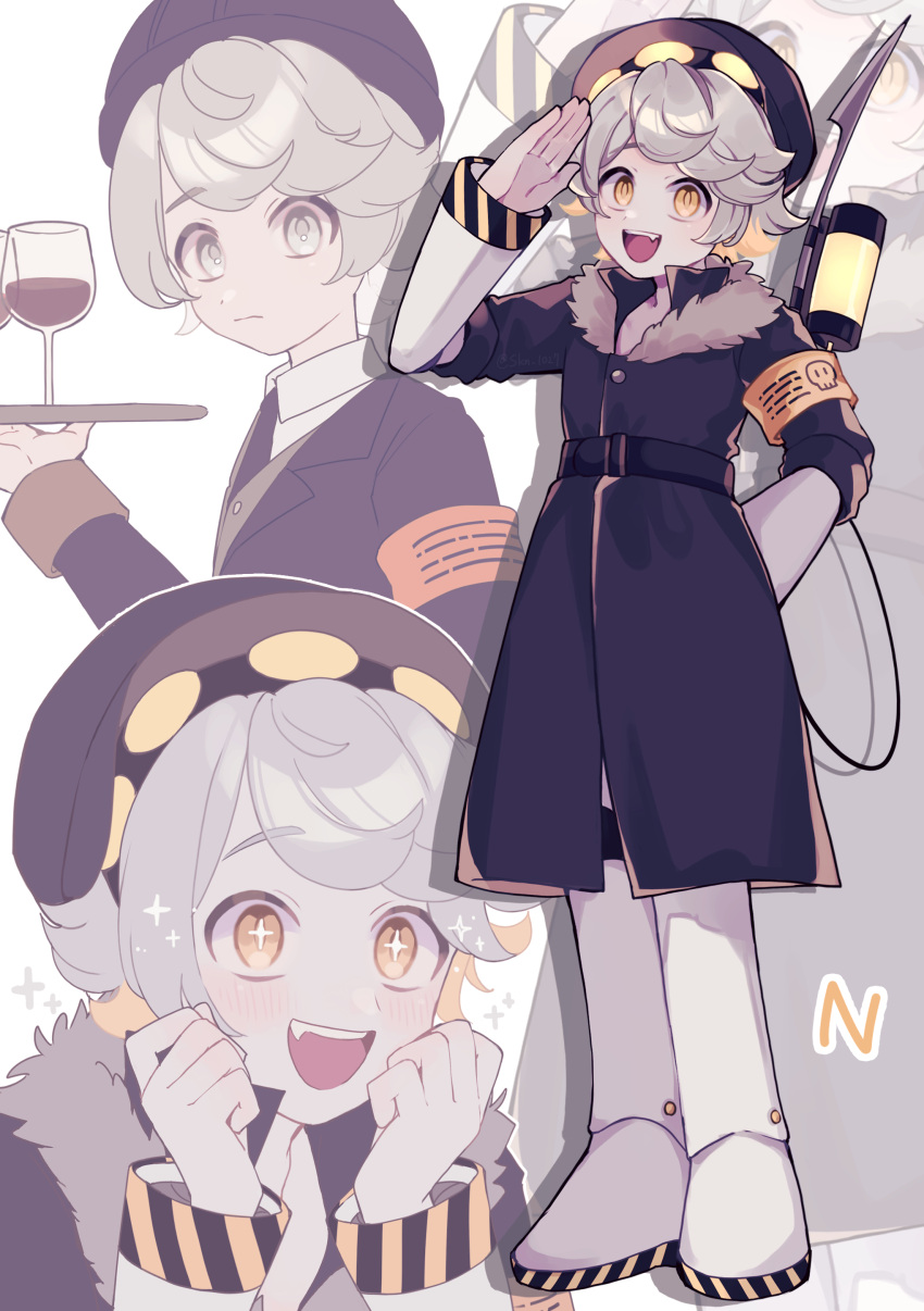 +_+ 1boy absurdres alcohol android brown_eyes closed_mouth cup drinking_glass fang grey_hair highres long_sleeves looking_at_viewer murder_drones n_(murder_drones) open_mouth salute short_hair skn_1027 solo teeth tongue upper_teeth_only wine wine_glass