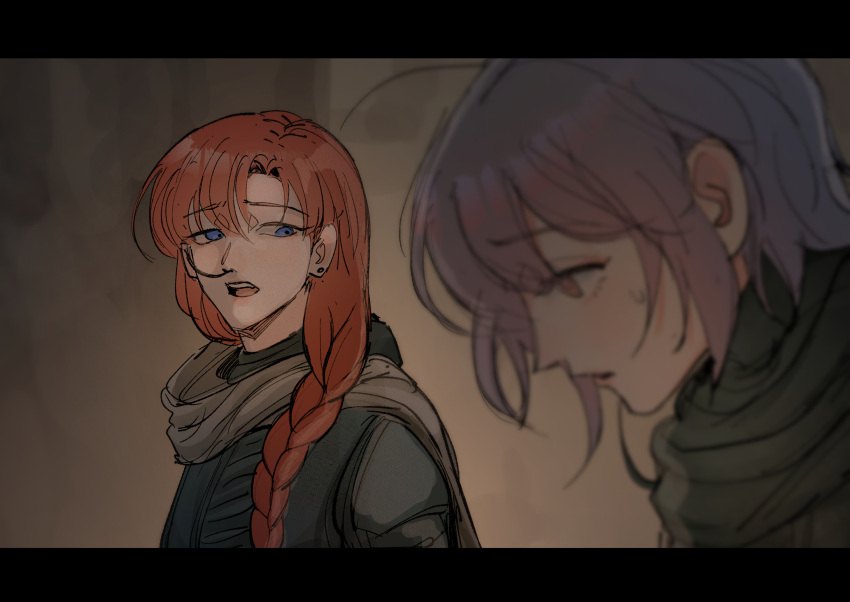 2girls blue_eyes blurry blurry_foreground braid commentary dune_(series) earrings english_commentary highres jewelry letterboxed long_hair maybecrosswise multiple_girls nose_tube open_mouth original purple_hair red_hair single_braid stud_earrings sweatdrop