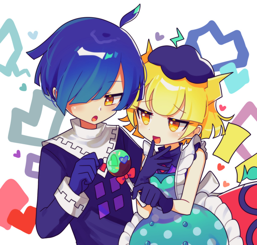 1boy 1girl absurdres black_gloves blonde_hair blue_hair brown_eyes candy food gloves hair_over_one_eye heart highres holding holding_candy holding_food holding_lollipop lollipop long_sleeves looking_at_another marle_(puyopuyo) offbeat open_mouth puyopuyo puyopuyo_tetris short_hair squares_(puyopuyo)