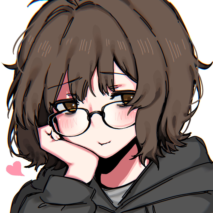 1girl aki_(snale) bags_under_eyes black-framed_eyewear black_hoodie blush brown_eyes brown_hair closed_mouth glasses heart highres hood hoodie long_sleeves looking_at_viewer original short_hair simple_background smile snale solo upper_body white_background