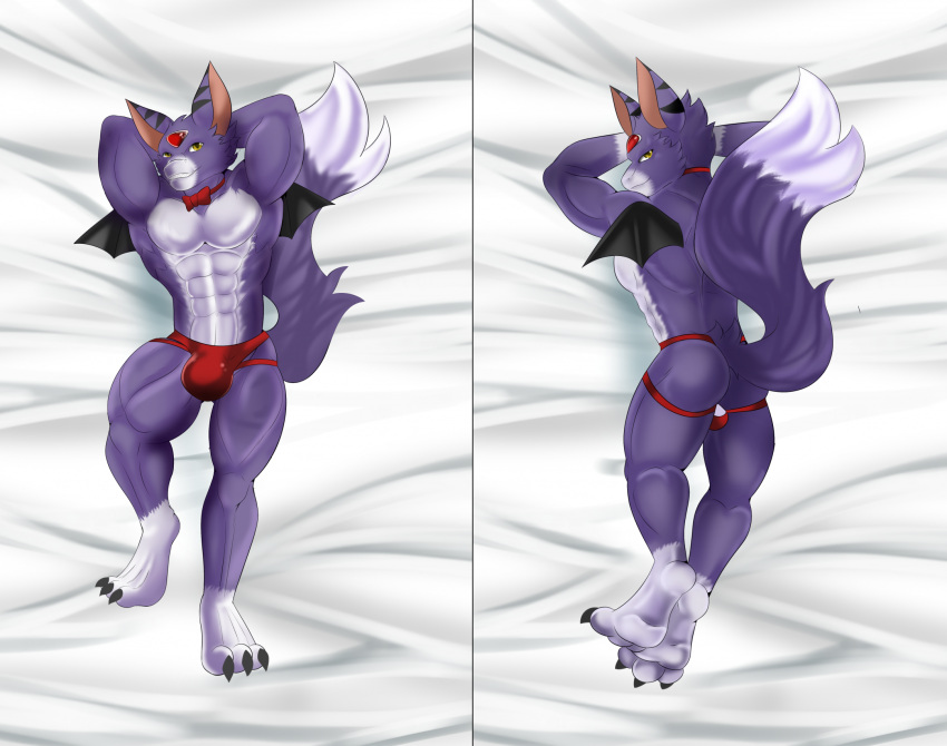 abs anthro bandai_namco bedding bedding_background bulge butt checkhoff claws clothing dakimakura_design dakimakura_pose digimon digimon_(species) dorumon dragon fur furred_dragon hi_res jockstrap male muscular muscular_anthro muscular_male mythological_creature mythological_scalie mythology pecs purple_body purple_fur scalie solo underwear wings x-digimon