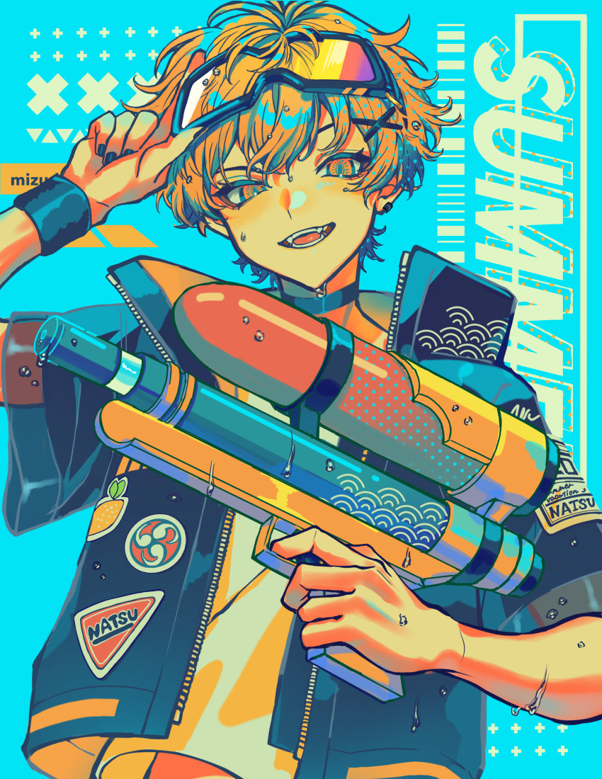 1boy absurdres black_choker black_jacket black_wristband blue_background blush choker collared_jacket fangs goggles goggles_on_head hair_between_eyes hair_ornament hairpin hand_on_headwear hand_up haru4aki highres holding holding_water_gun jacket looking_at_viewer male_focus orange_eyes original parted_lips raised_eyebrows shirt short_hair short_sleeves smirk solo sticker_on_clothes summer teeth upper_body water_drop water_gun wavy_hair white_shirt zipper