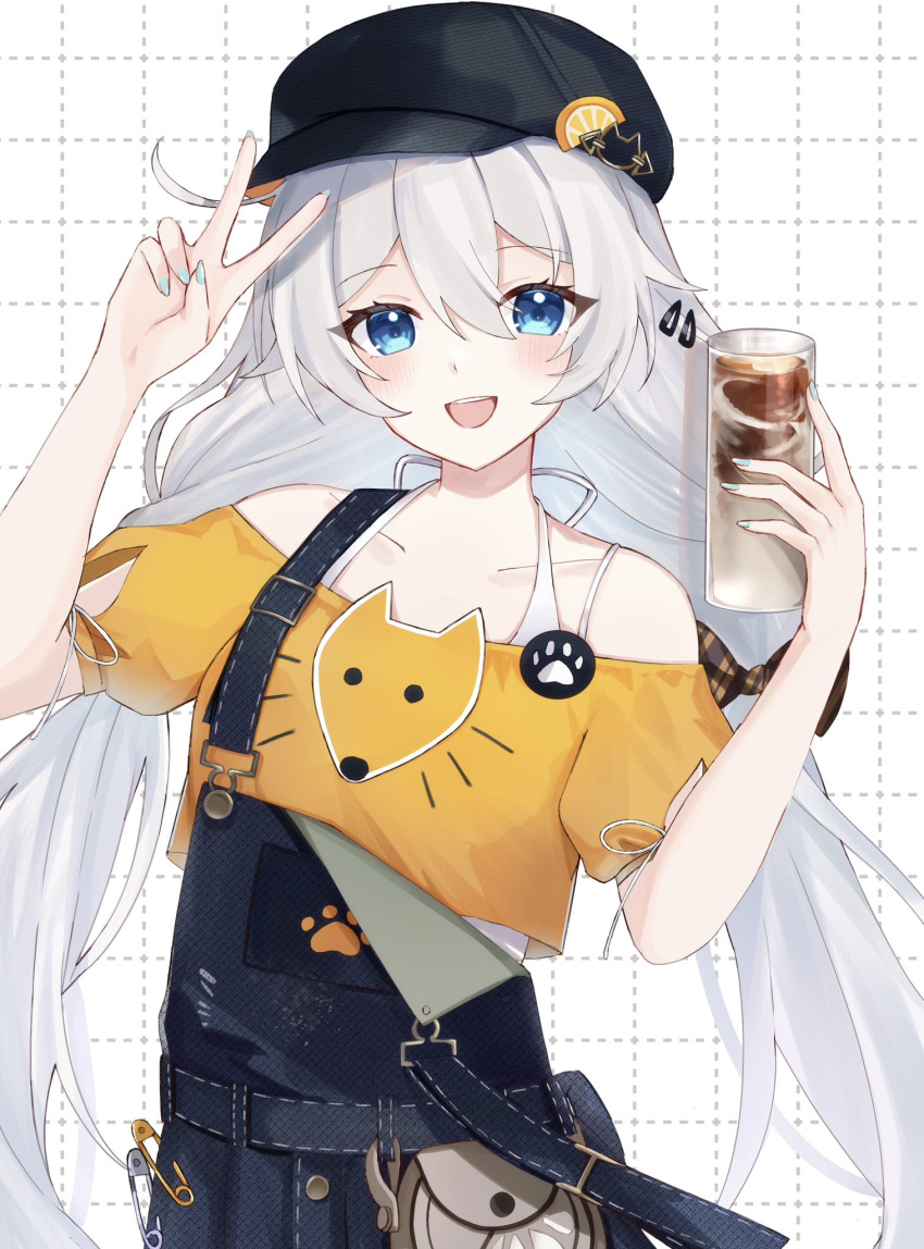 1girl :d arm_up bare_shoulders black_hat blue_eyes blue_nails cabbie_hat collarbone crop_top cup dotted_line drinking_glass grey_hair hair_between_eyes hair_ornament hairclip hat highres holding holding_cup honkai_(series) honkai_impact_3rd kiana_kaslana long_hair low_twintails nail_polish off-shoulder_shirt off_shoulder overalls puffy_short_sleeves puffy_sleeves shirt short_sleeves smile solo tdatnst twintails very_long_hair white_background yellow_shirt