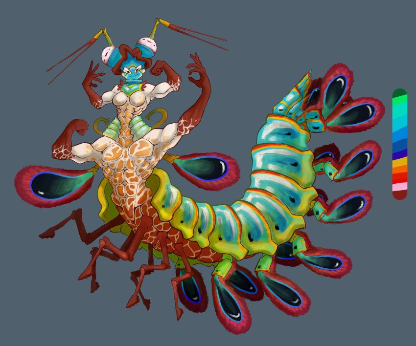 4_arms 4_eyes 5_fingers 6:5 abs absurd_res arthropod arthropod_taur biceps breasts color_swatch crustacean crustacean_taur featureless_breasts female fingers hi_res malacostracan mannduck manta_(mannduck) mantis_shrimp mantis_shrimp_taur marine marine_taur multi_arm multi_eye multi_limb muscular muscular_female muscular_taur non-mammal_breasts peacock_mantis_shrimp shrimp solo taur