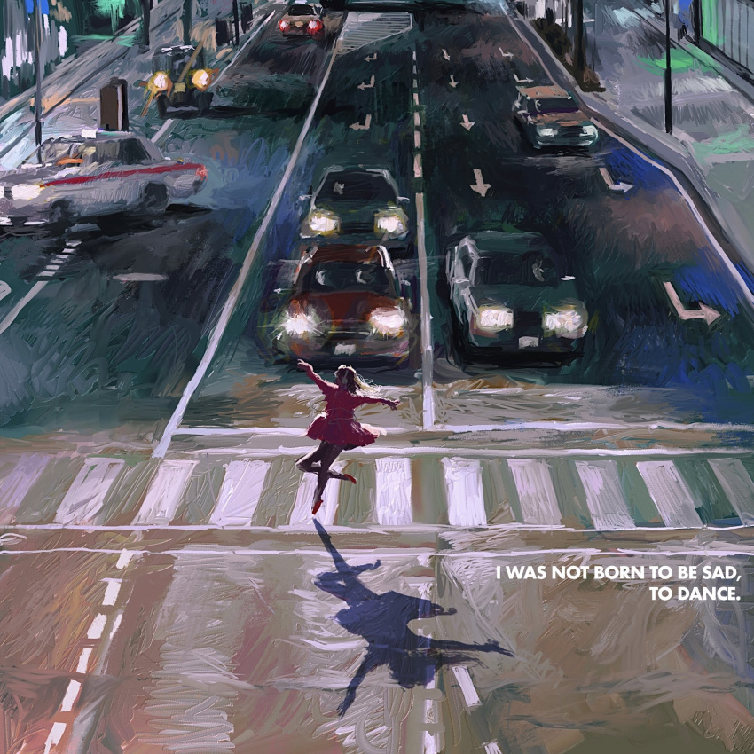 1girl ballerina car city cityscape crosswalk cryborg dancing dress english_text floating full_body hands_up headphones highres leg_up levitation long_hair motor_vehicle night original outdoors pink_dress red_footwear road scenery shadow shoes sidewalk street thighhighs urban