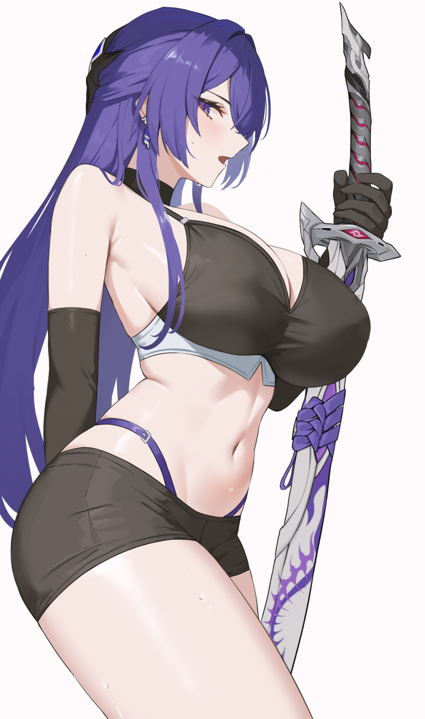1girl absurdres acheron_(honkai:_star_rail) bare_shoulders black_choker black_gloves black_shorts breasts choker cleavage commentary cowboy_shot crop_top earrings elbow_gloves gloves highres holding holding_sword holding_weapon honkai:_star_rail honkai_(series) jewelry katana large_breasts long_hair looking_at_viewer midriff navel nvl open_mouth purple_eyes purple_hair scabbard sheath sheathed short_shorts shorts simple_background solo standing stomach sword thighs very_long_hair weapon white_background